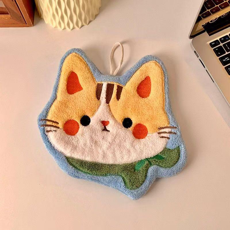 Cute Round Cartoon Cat Hand Towel - Quick-Drying, Absorbent for Kitchen, Bedroom, Office, and Wall Hanging.