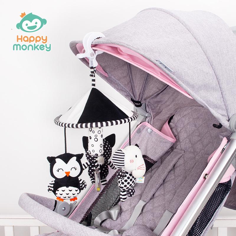 Happy Monkey Black & White Newborn Crib Mobile: Rotatable Wind Chime & Stroller Hanging Toy
