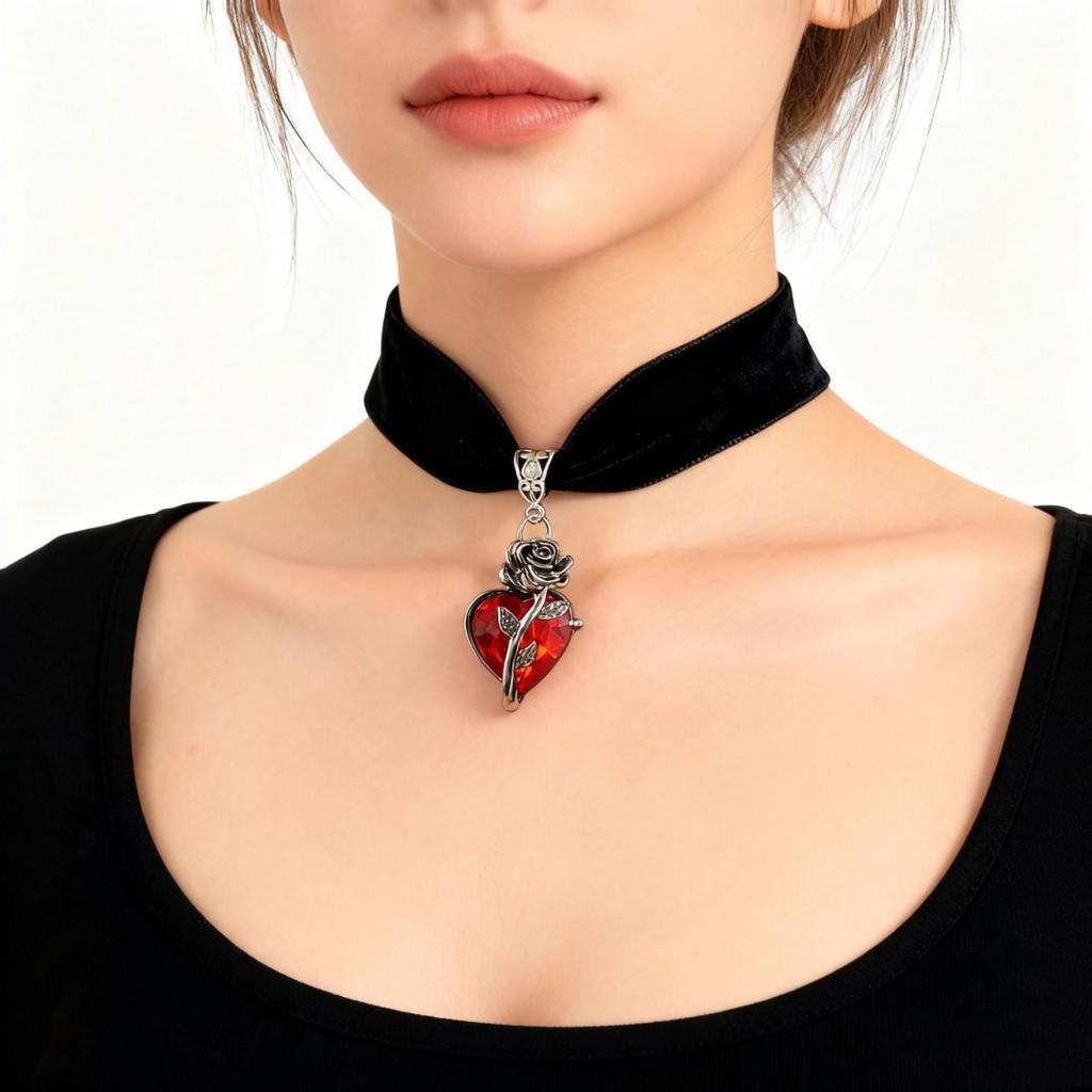 Gothic Punk Velvet Rose Cross Heart Choker Necklace - Y2K Retro Style