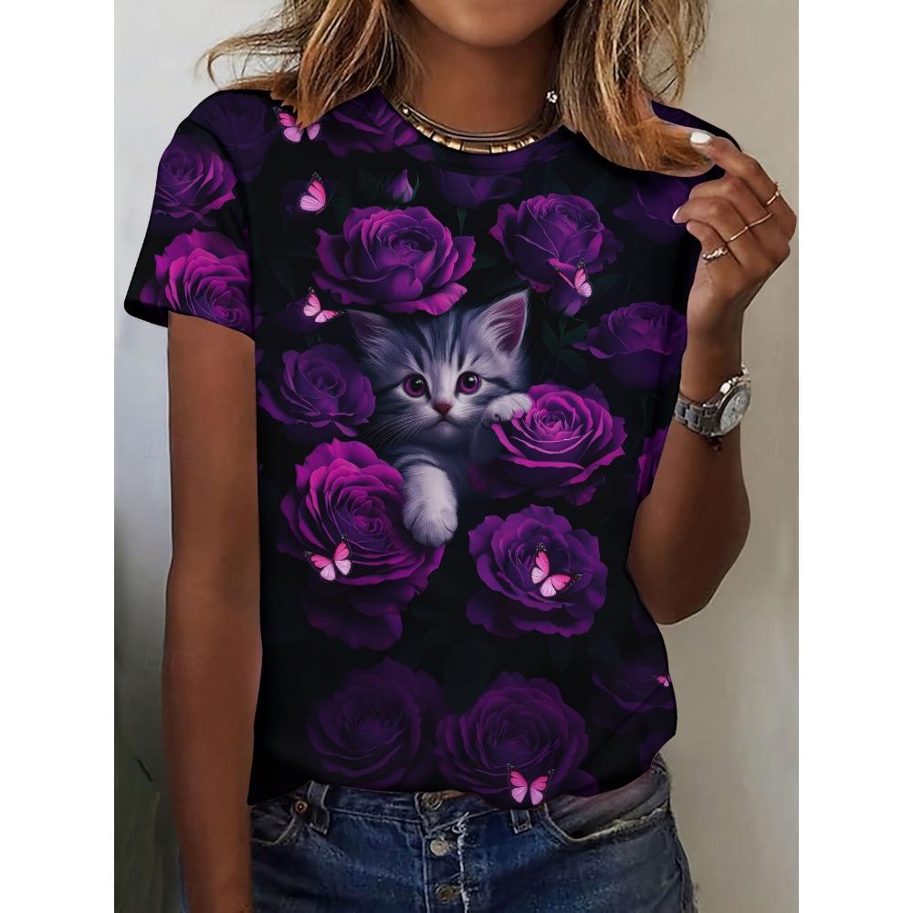 2025 New Summer Women's Black and White Swan Print T-shirt Round Neck Short Sleeve Street Casual Daily Basic Tops