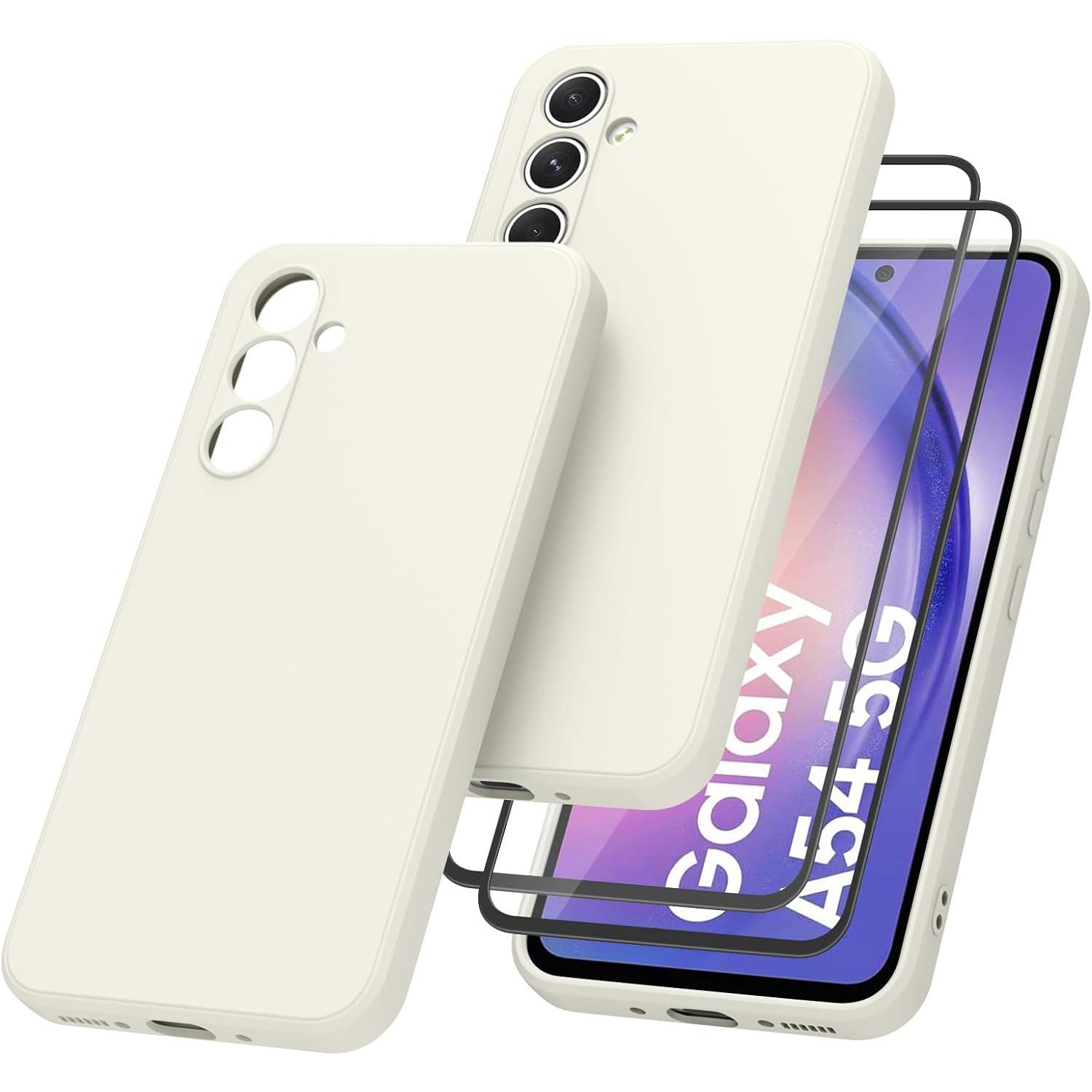 

[3 в 1] Жидкий силиконовый чехол с 2 шт. защитной пленкой из закаленного стекла для Samsung Galaxy A54 A34 A14 5G A24 A25 A35 A55 A12 A13 A53 Противоударный чехол Galaxy A14 4G/5G белый