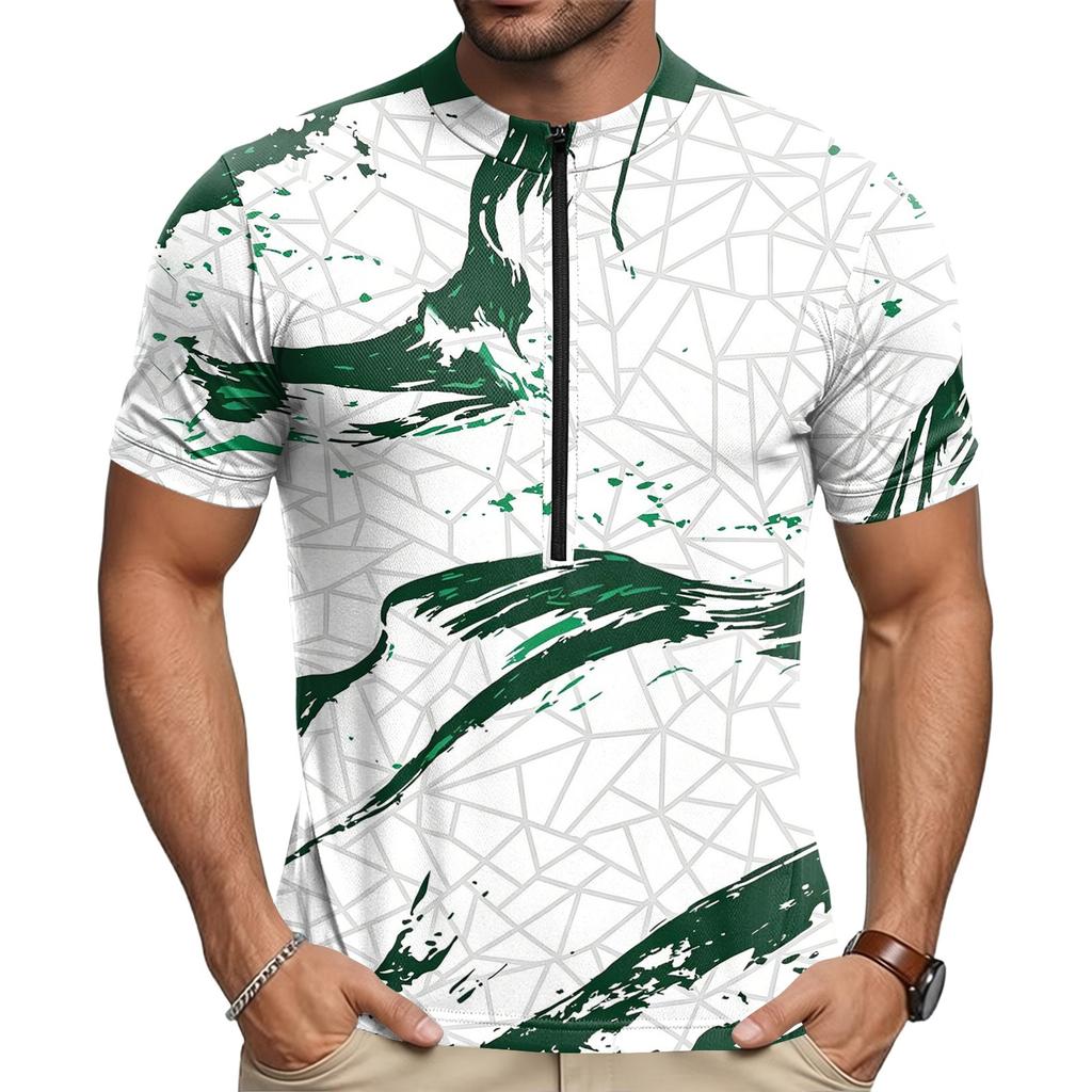 Men's Short Sleeve Cycling Jersey Breathable Quick Dry Fabric Half Zip Front Crew Neck Lightweight Sportswear for Outdoor Riding