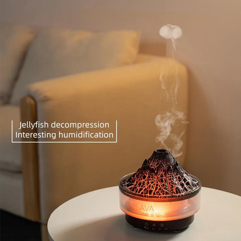 New Colorful lights Volcano Lava Air Humidifier Aromatherapy Essential Oils Diffuser Remote Control Jellyfish Smoke Ring Flame