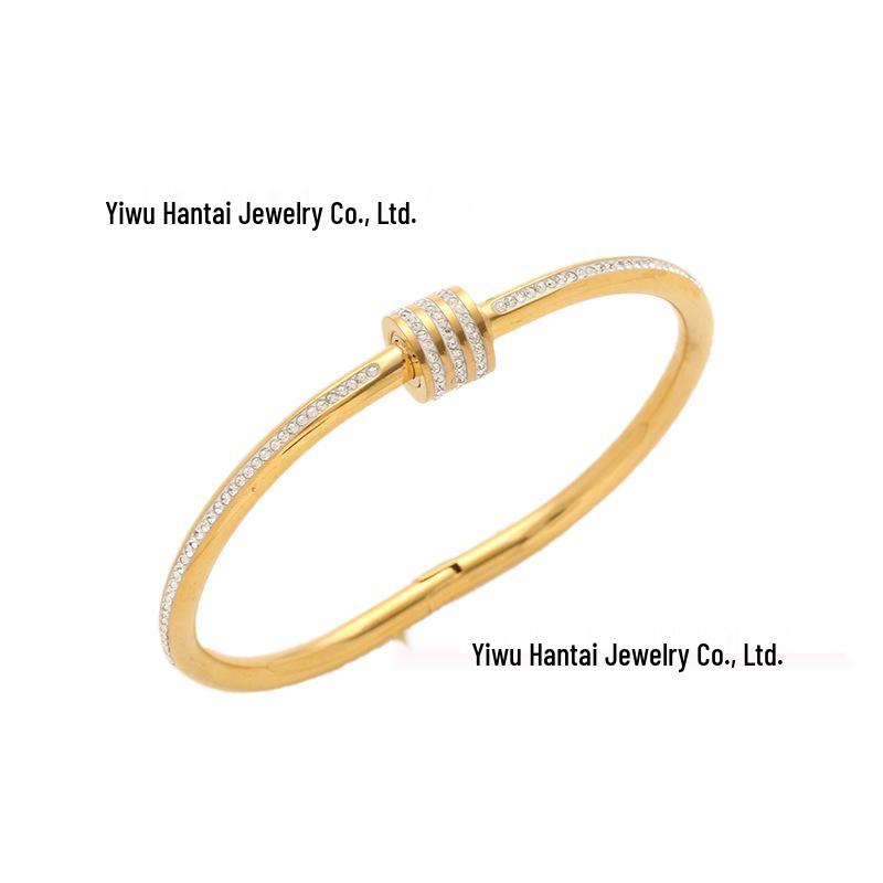 Three-Row Ceramic Diamond Spiral 18K Gold-Plated Stainless Steel Bangle