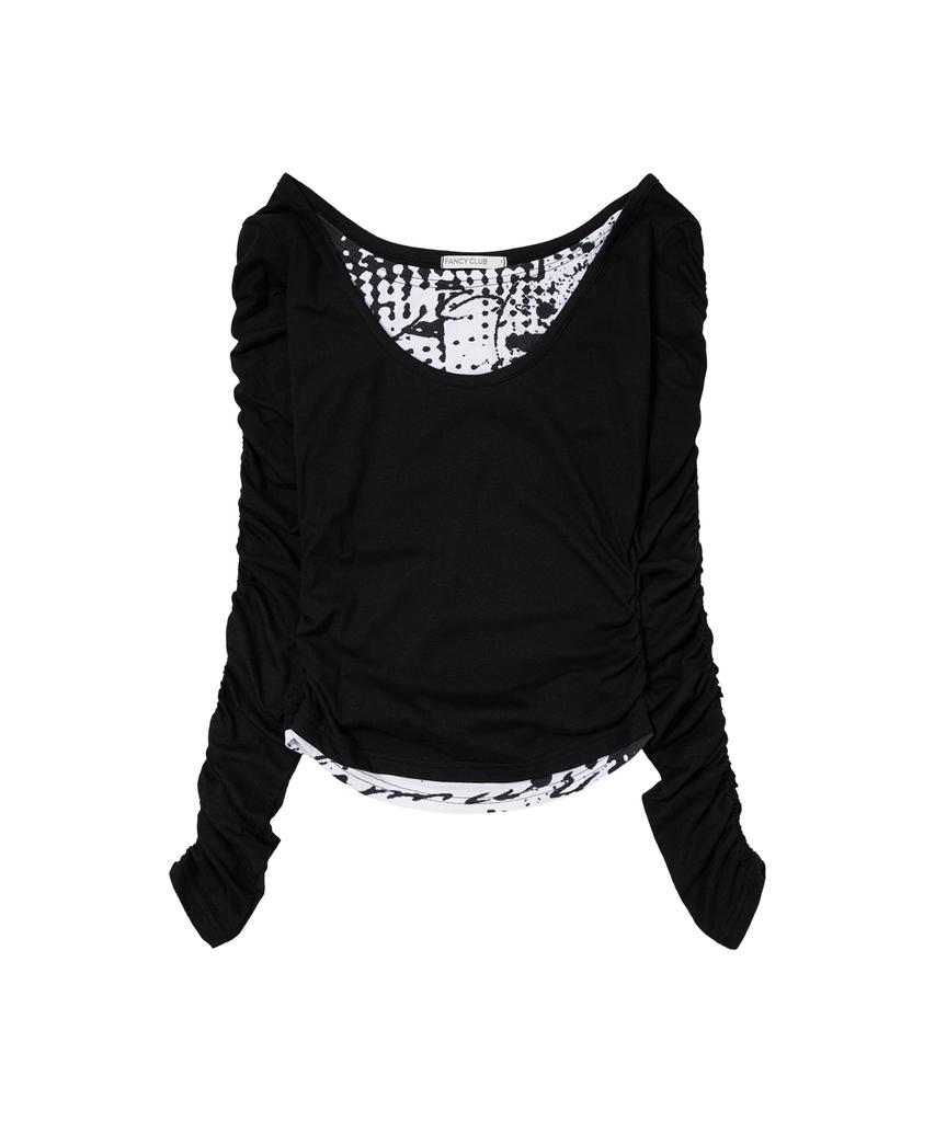 FANCY CLUB Double Layered Shirred Top (Black) F26Zb524