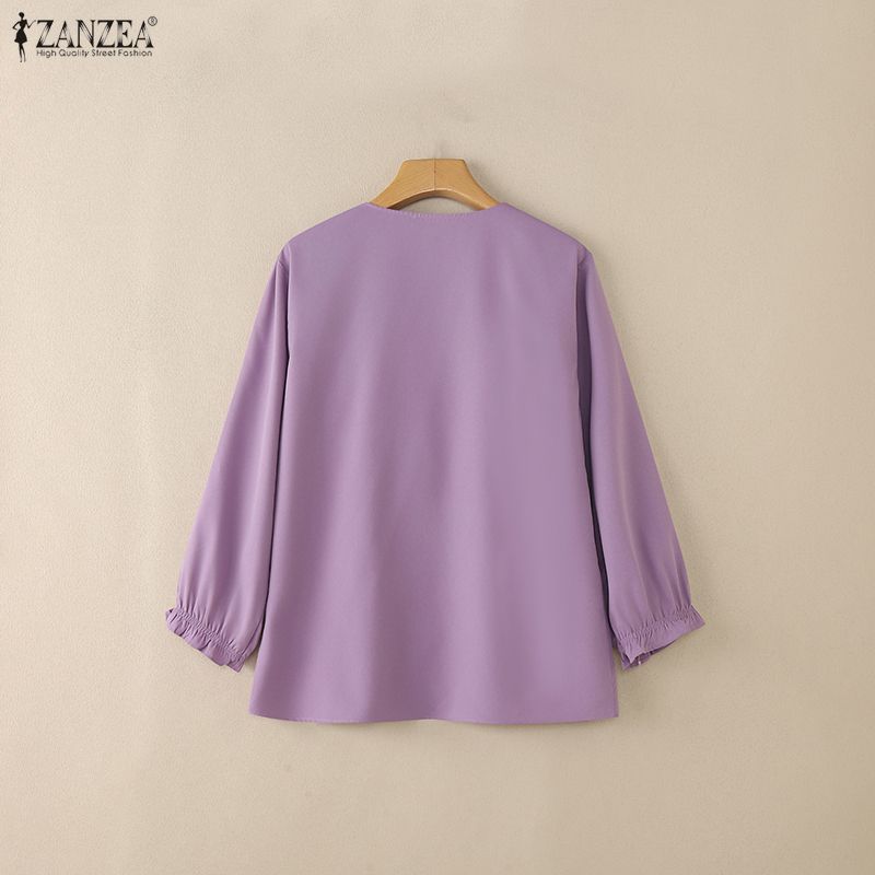 ZANZEA Camicetta casual da donna a maniche lunghe con scollo rotondo e tinta unita