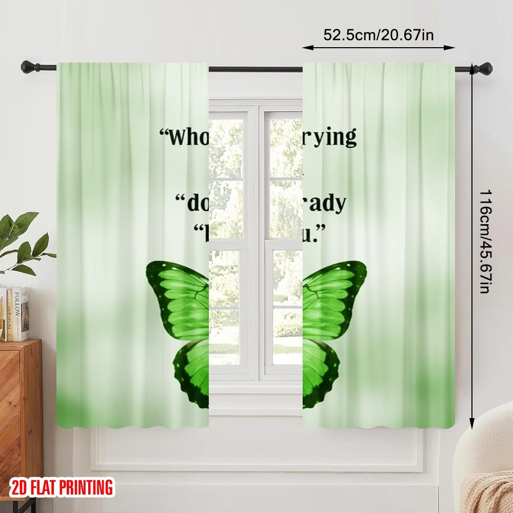 2pcs 2D flat printing Curtains Green Butterfly Peaceful Message Polyester Without Electricity Festive Holiday Use for Festive