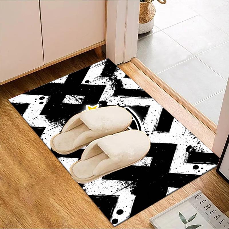 Black And White Stripes With Shield Printed Office Carpet Chair Cushion Entryway Rug, Rugs for Living Room, Bedroom Christmas gifts