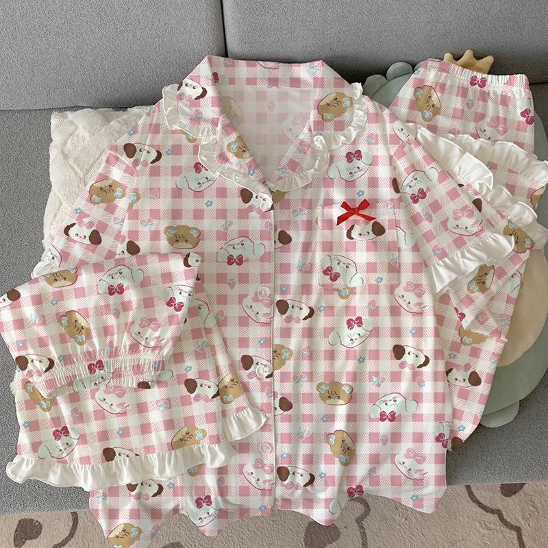 

Imitation cotton three-piece summer short-sleeved lace pajamas women s sweet mikko cartoon age-reducing loungewear 2XL [Recommended 130-72.5kg]