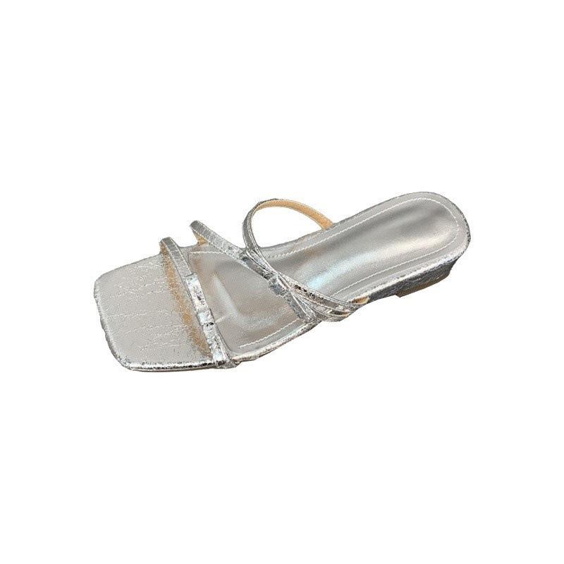 Bow square head low heel one-word drag wearing sandals versatile pink sandals