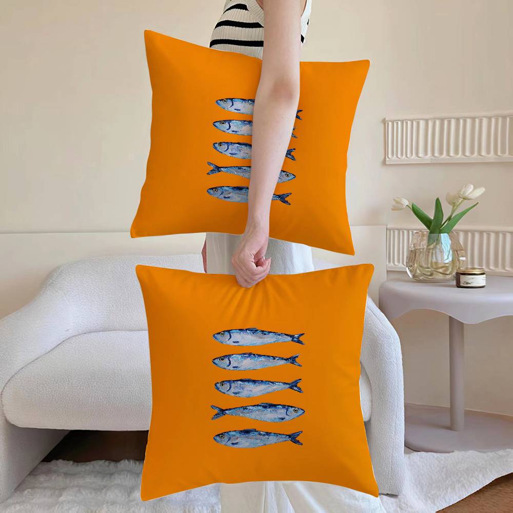

Cute Coastal Charm SardineS Pillow Case Anti-dustmite Pillowcase Invisible zipper silky short plush Sofa cushion cover 12x12Inch