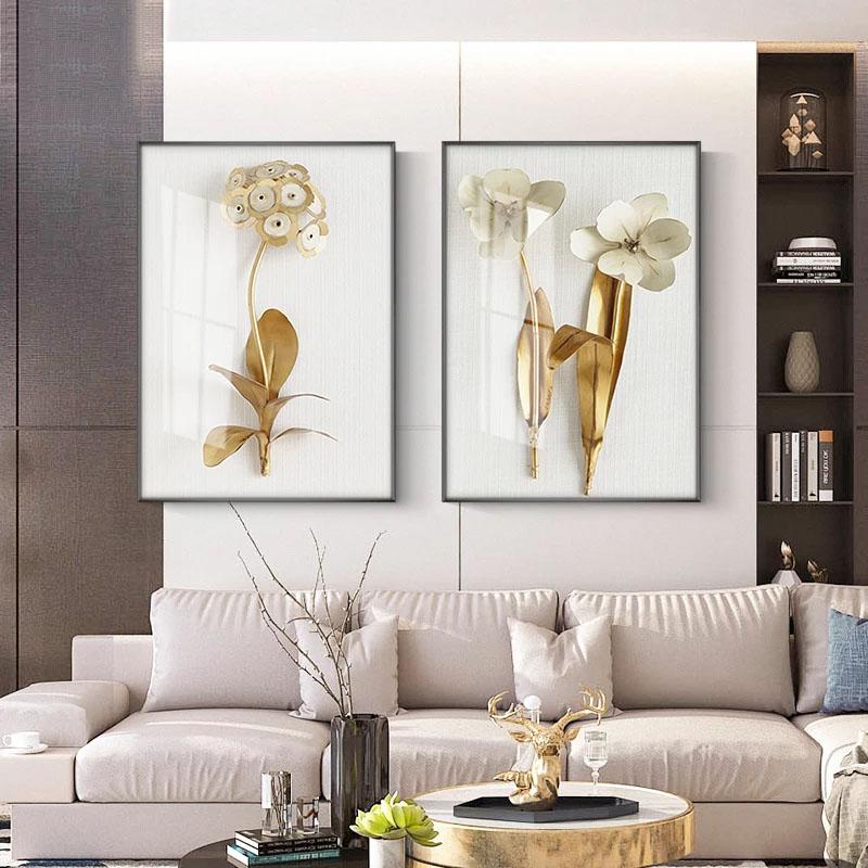 Gyllene Växtblad och Blommor Väggkonst Canvasmålning Väggbilder för Vardagsrum Nordisk Dekoration Bilder Modern Dekor