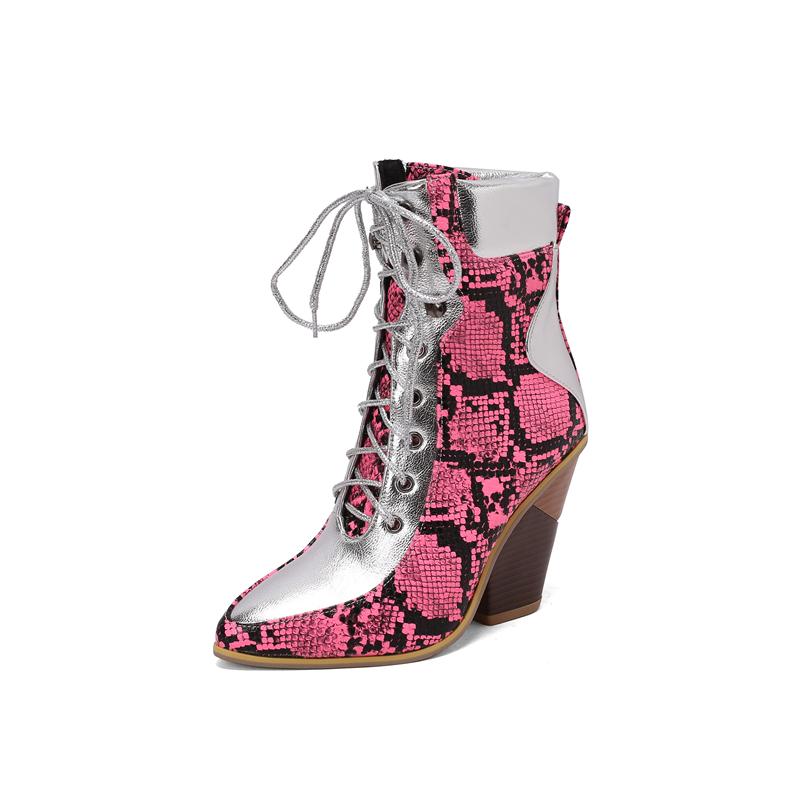 

ANNYMOLI Жіночі короткі черевики до щиколотки з гострим носком, товсті високі підбори, різнокольорові бойові черевики зі шнурівкою, жіноче модне зимове взуття 46 39 рожевий червоний колір