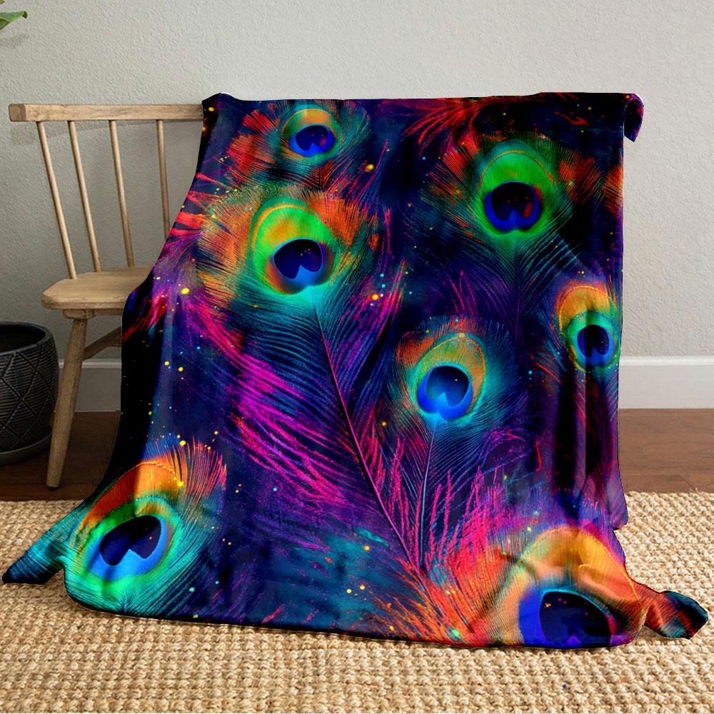Vibrant peacock feathers with a cosmic and multicolor glowing effect. for all seasons blanket lunch break throw gift
