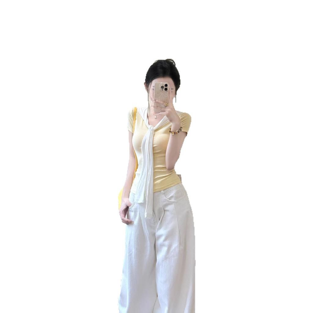 Pure Desire Gentle Yellow Fake Two-piece Strap Short-sleeved T-shirt Women's Summer New Front Shoulder Slim-fitting Short Top