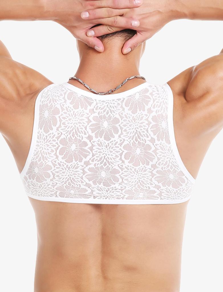 Seksowne Koronkowe Podkoszulki Tank Top z Kwiatową Przezroczystością i Oddychającym Rozciągliwym Materiałem Rozmiar XL Męskie Nadruki, Kamizelka, Koszula, Bez Rękawów, Modelujące Mięśnie, Białe,