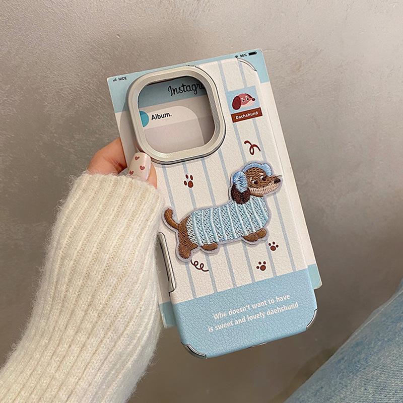 

Dachshund Embroidery iPhone 17 Pro and 15/14 Case with Lanyard - Autumn/Winter Protective Cover 17