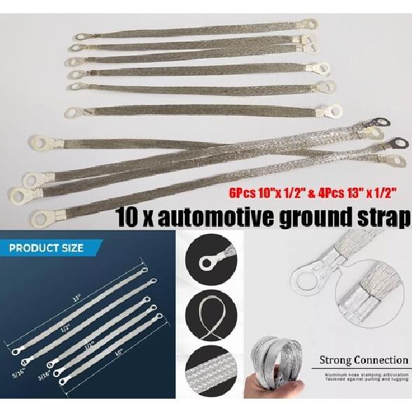 Automotive Ground Strap Kit Universal Flat Braided 6Pcs 10 x 1/2  4Pcs 13 x 1/2