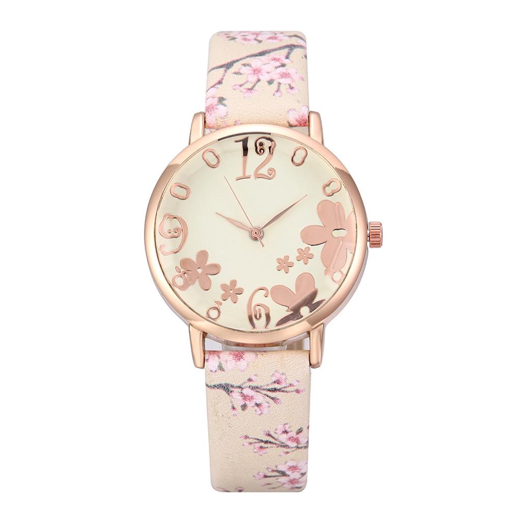 Women Flowers Printed Leather Belt Ladies Quartz Watch Wristwatch