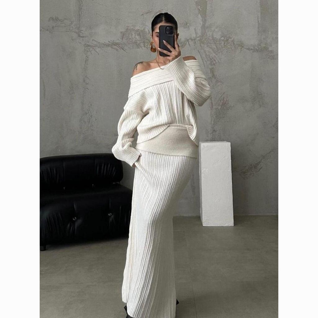 2024 European & American Style Off-the-Shoulder Knitted Sweater Two-Piece Set with Long Sleeves