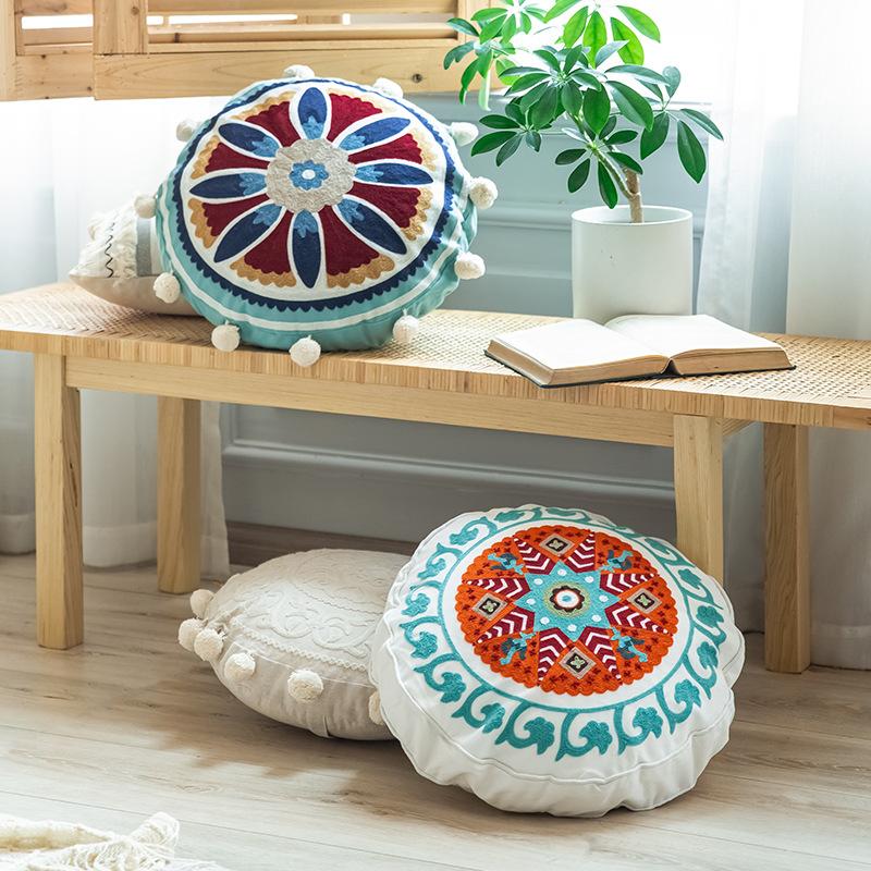 Moroccan Ethnic Hand-embroidered Round Pillow Sofa Living Room Decoration Indian Southeast Asian Style Bay Window Pillow Case