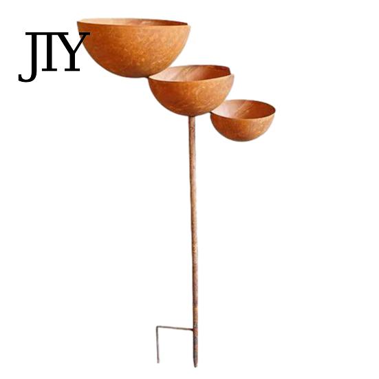 Anti-rust Garden Stake 3 Tiered Cascading Rain Catcher Bird Bath, Metal Water Three-level Waterfall Feeder Bowl Feeder, Outdoor Pollinator Watering