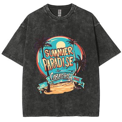 Amerikanischer Retro Strandlandschafts-Print Damen Washed T-Shirt Oversized Baumwolle Bequem Kurzarm Studenten Casual Street Top