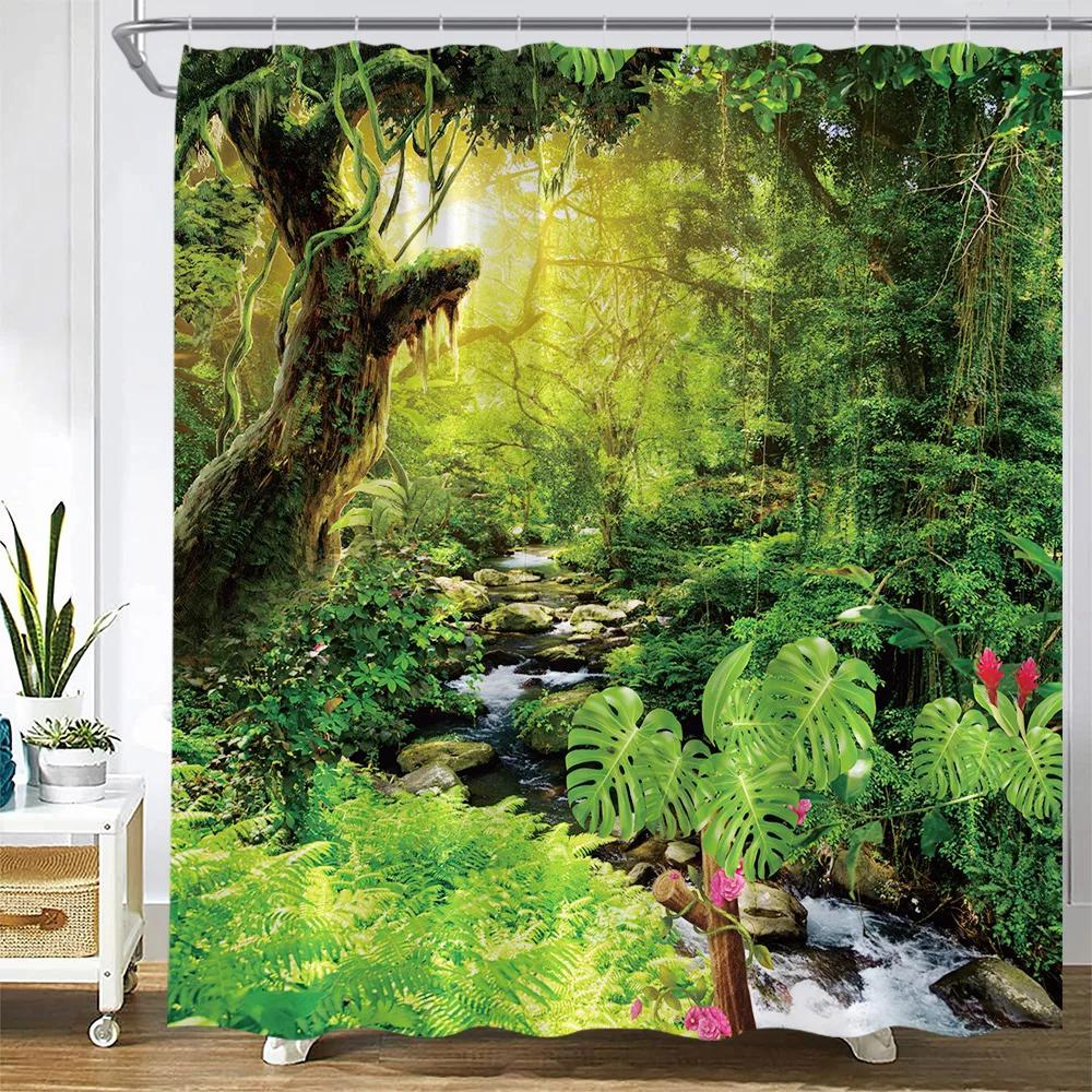 Scenic Forest Waterfall Shower Curtain Tropical Jungle Plants Trees Lake Nature Landscape Wall Hanging Bathroom Decor Curtains