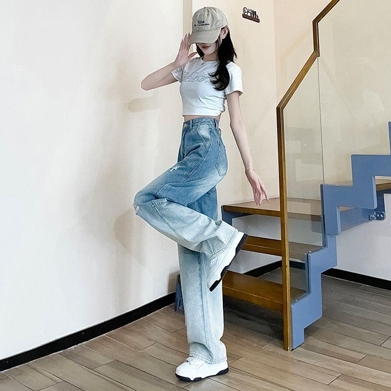 

Retro Wide-leg Ripped Scimitar Jeans for Women s New Spring and Summer High-waisted Slimming Loose Straight-leg Mopping Pants XXL