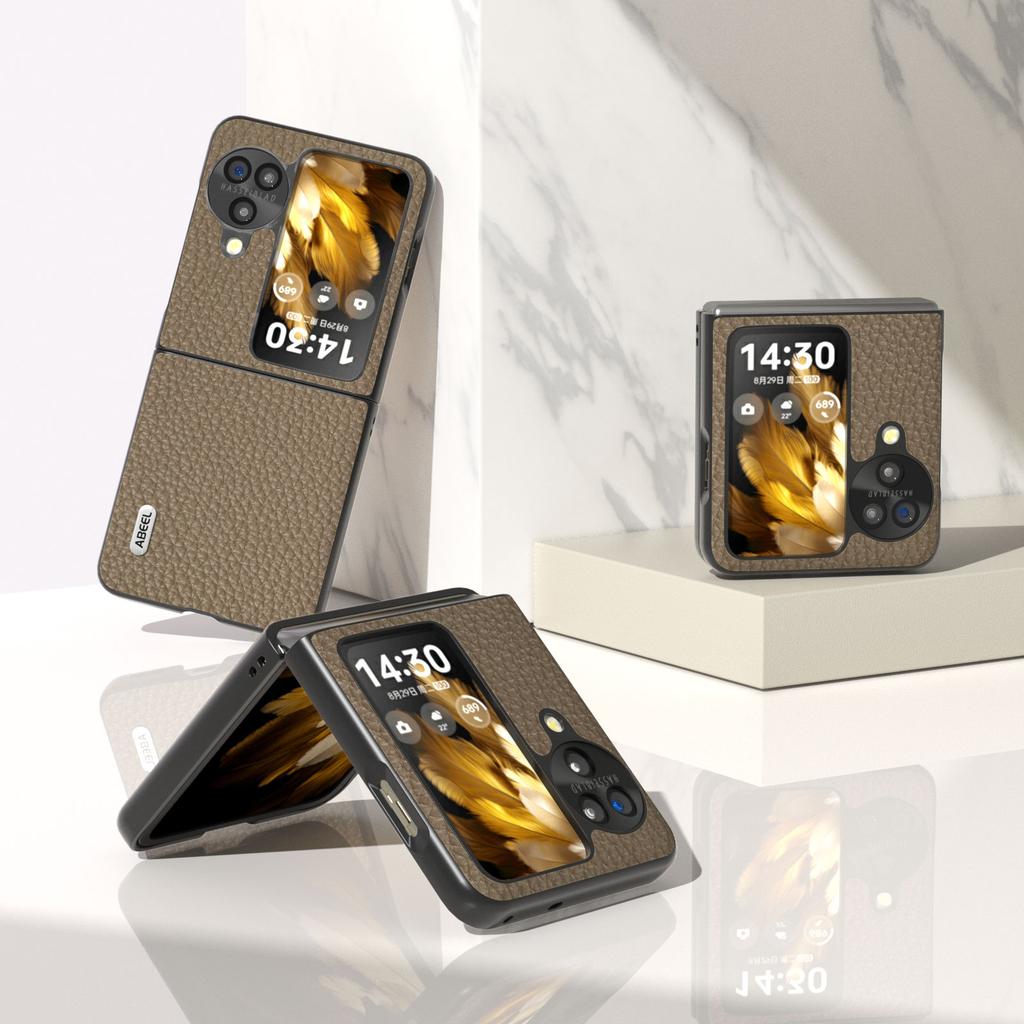 ABEEL For Oppo Find N3 Flip 5G Genuine Cow Leather+PC Phone Case Litchi Texture Drop Protection Cover