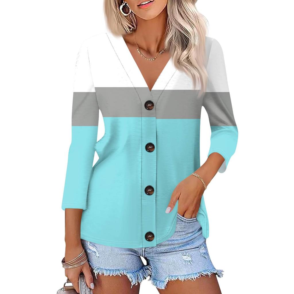Moda Feminina Casual Camisa Listrada com Estampa Geométrica Abotoada Top Cardigan de Manga Três Quartos