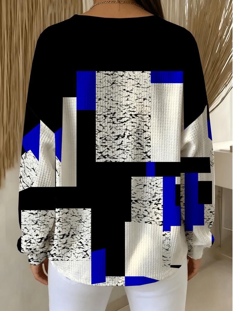 All-print plus size women's round neck buttoned waffle sweatshirt with geometric block print design