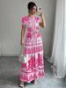 Blue and White Floral Print Short Sleeve Midi Dress with Tie Belt