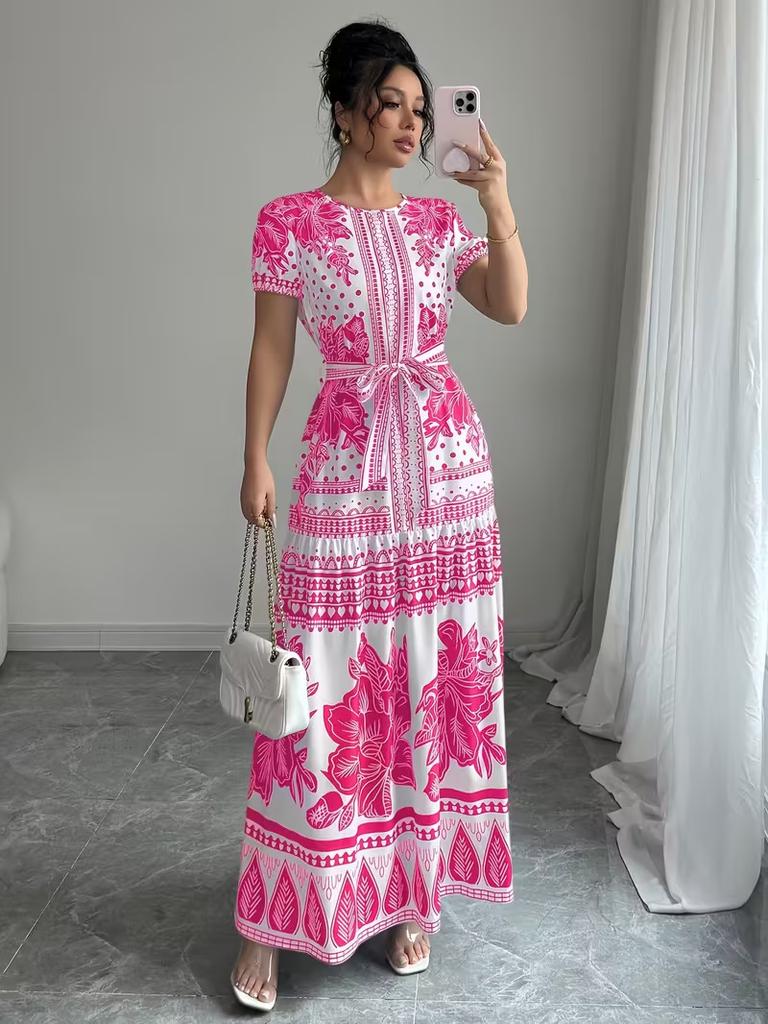 Blue and White Floral Print Short Sleeve Midi Dress with Tie Belt