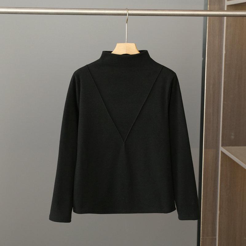 Women's Black Long-Sleeve Half-Turtleneck German Velvet Shirt - Stylish V-Cut Design for Autumn and Winter