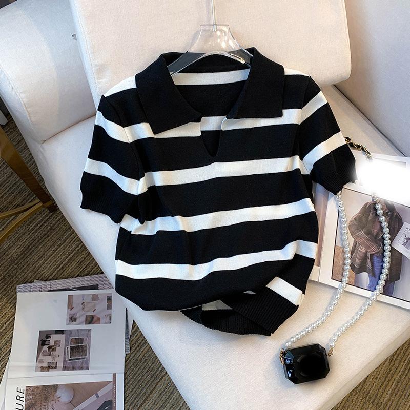 

Полосатый свитер с воротником, универсальный вязаный топ с коротким рукавом для весны-лета, женская одежда, кроп-топ One Size