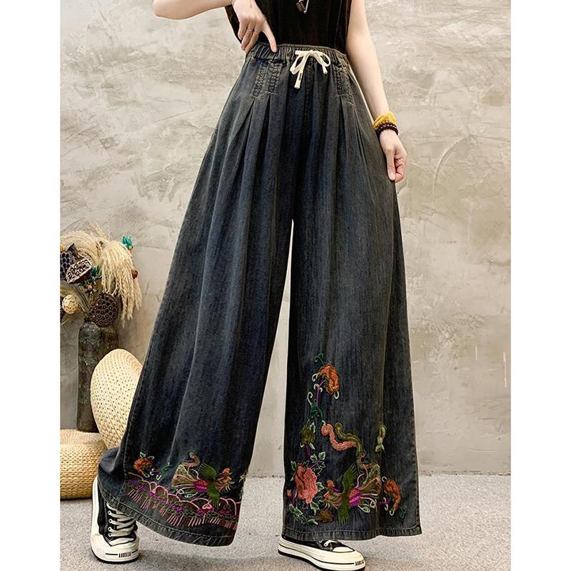 Summer New Wide Leg Jeans for Women Vintage Ethnic Style Embroidered Loose Slimming Straight Denim Pants Female Summer