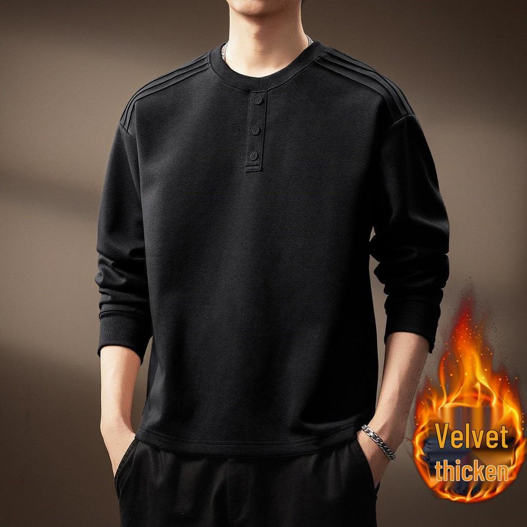 Luxury 300g Heavyweight Men's Henley Collar Pleated Hoodie - Autumn American Trend T-Shirt with Long Sleeves