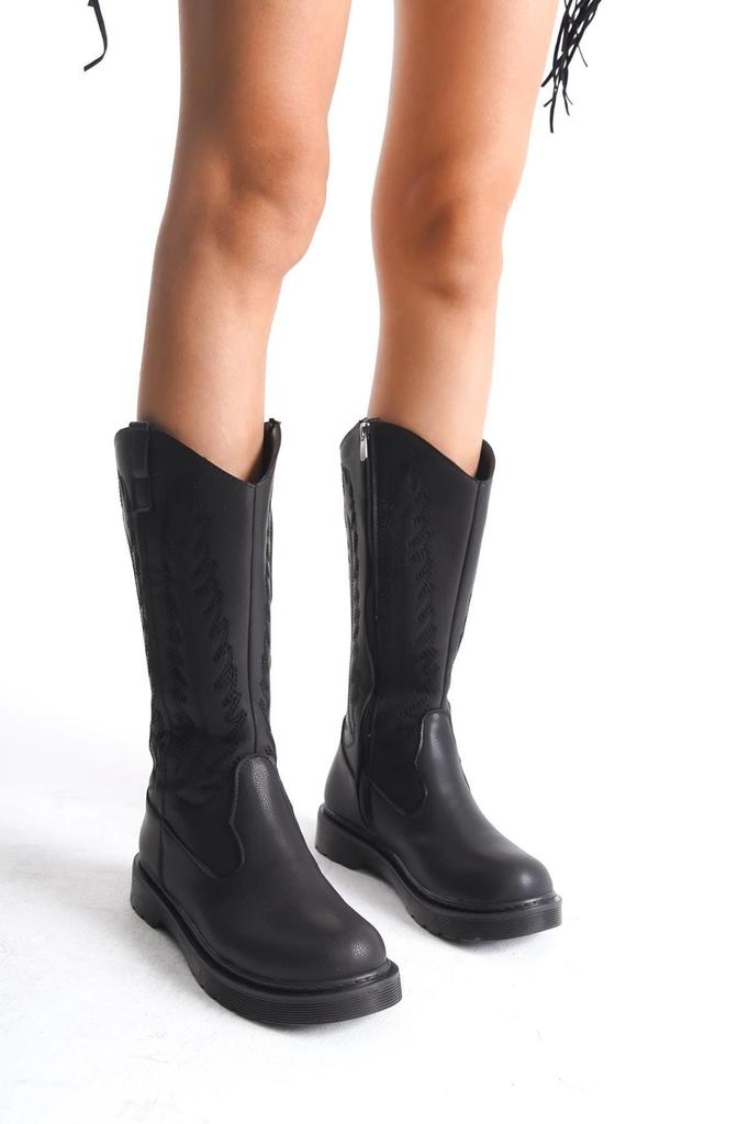 Moderne, stilvolle Mode-Stiefel für Damen, Kunstleder, hellbraun, matt, bestickter Reißverschluss, Western-Cowboystiefel