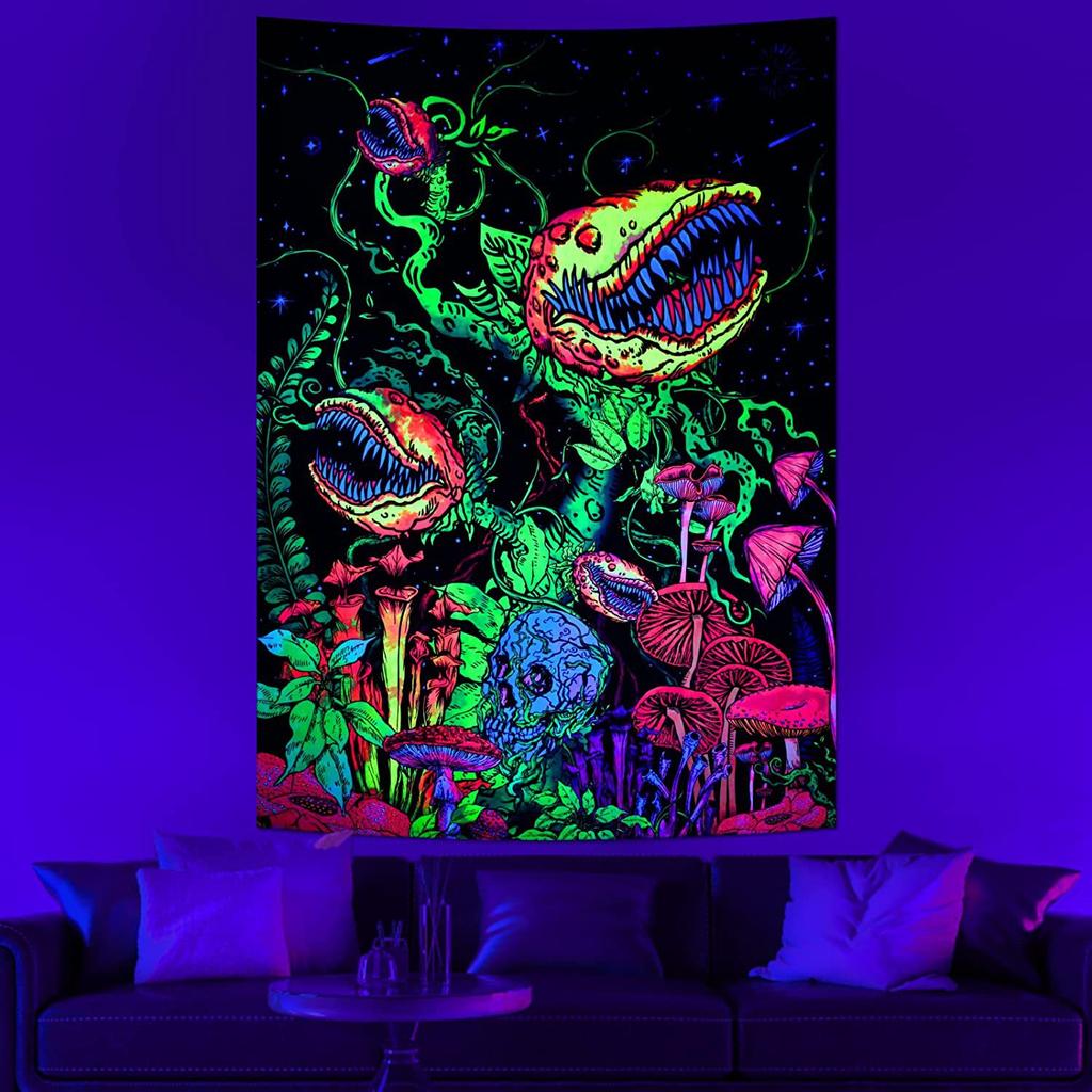 Psychedelic Black Light Skull Head Flourescent Tapestry UV Reactive Tapestries Wall Hanging Hippie Trippy  Home Decor