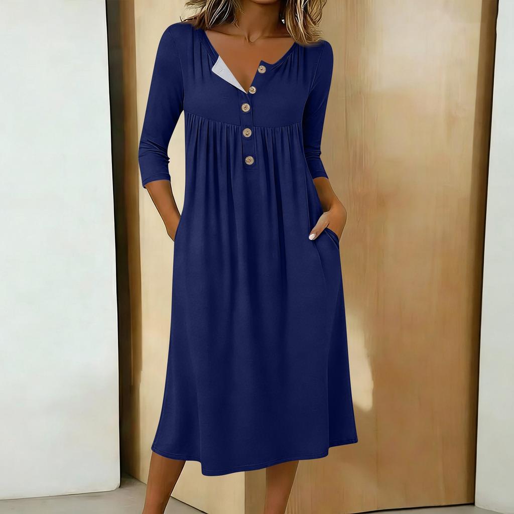 Damen Lässiges Midikleid mit 3/4 Ärmeln und Knöpfen