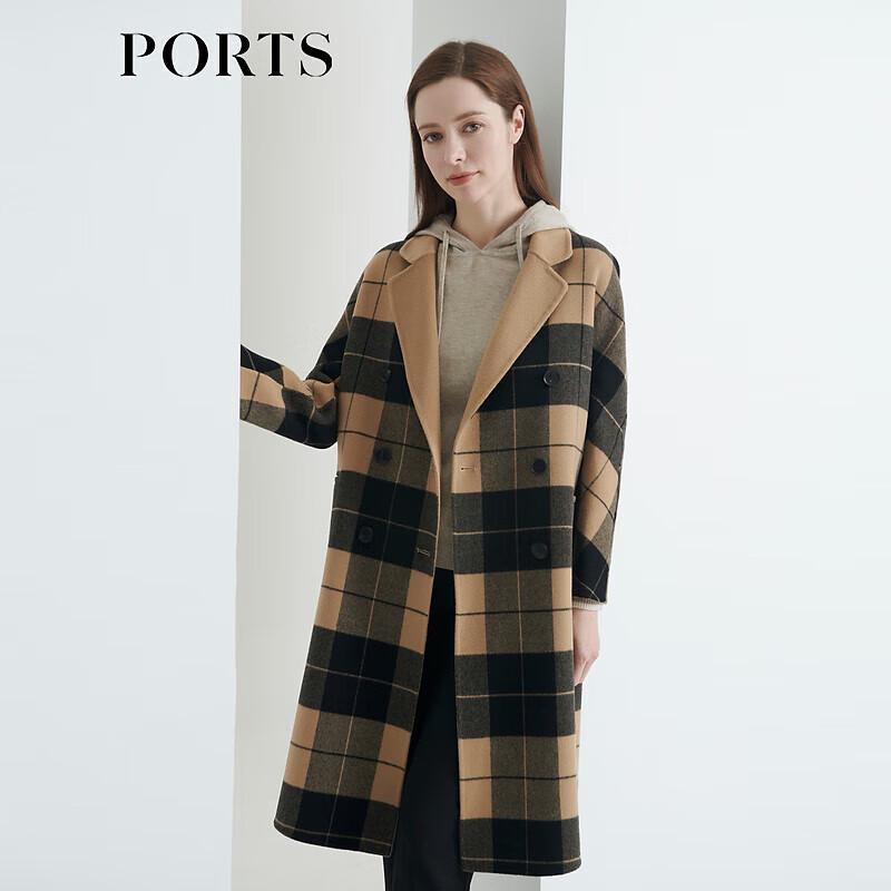 PORTS Women's Black Check Wool Blend Mid-Length Coat