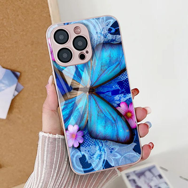 Blue Butterfly for iPhone17ProMax Metallic Paint Glass Mobile Phone Protective Case 17 All-inclusive 15 Fine Holes 16