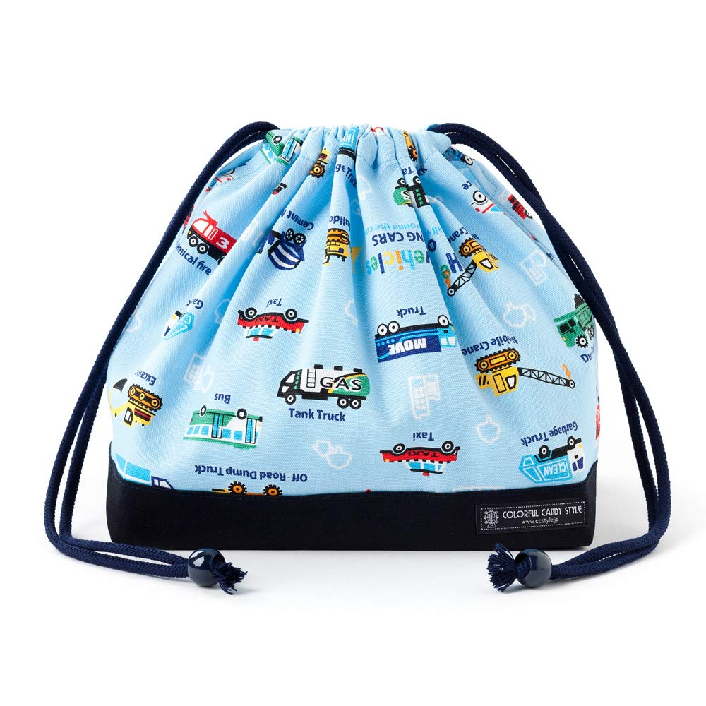 

Stylish and cute drawstring lunch bag for boys, medium size, with gusset, featuring a fully open accelerator working vehicle (light blue), colorful