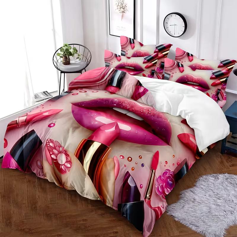 

Lipstick Lips Bedding Set Pink Makeup Down Duvet Cover Queen King Double Duvet Cover Pillowcase 2/3 Gift Soft Bedroom Decoration EU Single 135x200cm