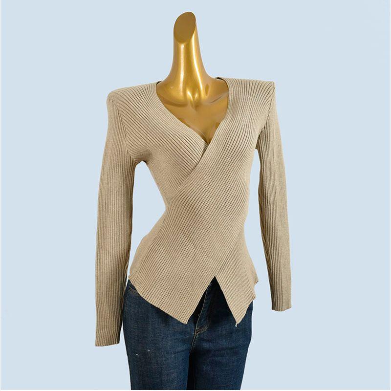 Thick Autumn and Winter Cross V-neck Knit Korean Series Design Sense High Elastic Slim fit Slimming Gyaru Sexy Pullover Top