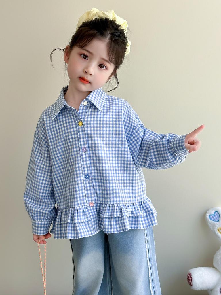 Girls' Plaid Ruffle Shirt - Korean Style Autumn Blouse for Little Girls