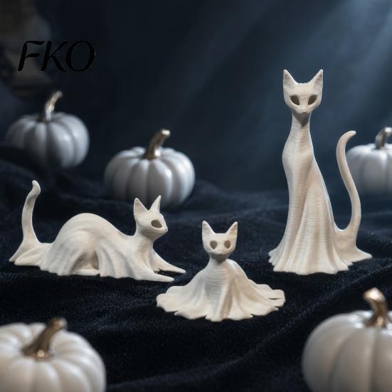 High Precision 3D Printed Ornament Cat Ghost Statues, Halloween Haunted Kitten Figurines with Hollow Eyes Three Style Set & Flowing