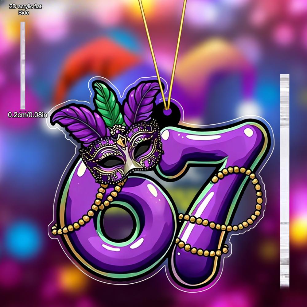 Glittering Purple & Green Mardi Gras 67 Number-Shaped Ornaments - Acrylic Carnival Masks Pendants, Drops & Finials Suitable for Christmas, Graduation