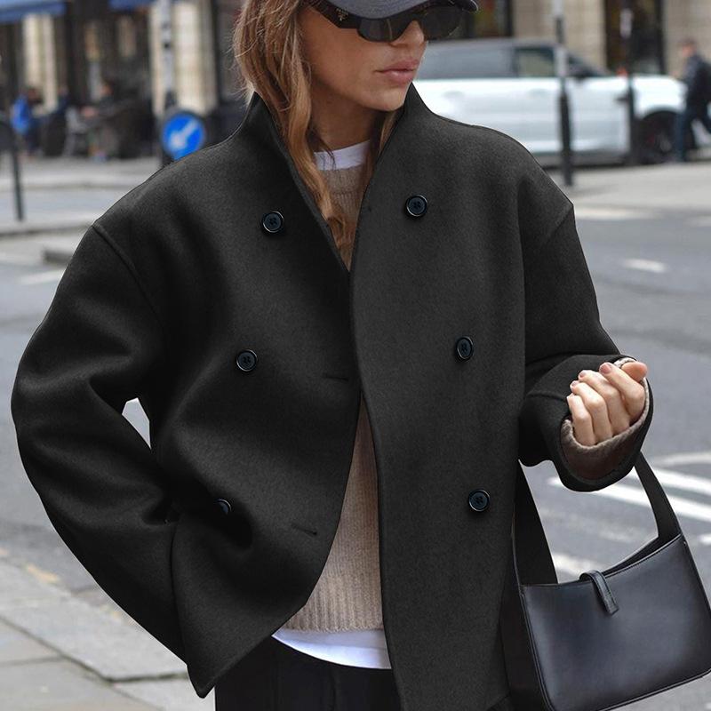 Light Khaki Double Breasted Short Coat , Casual Urban Outfit for Women